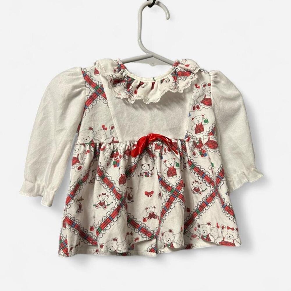 6 months baby vintage Christmas dress top w plaid teddy bears design ruffle lace